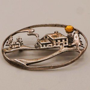 Vintage Sterling Silver Handmade House Cameo Brooch W\ Topaz Cut Glass Signed